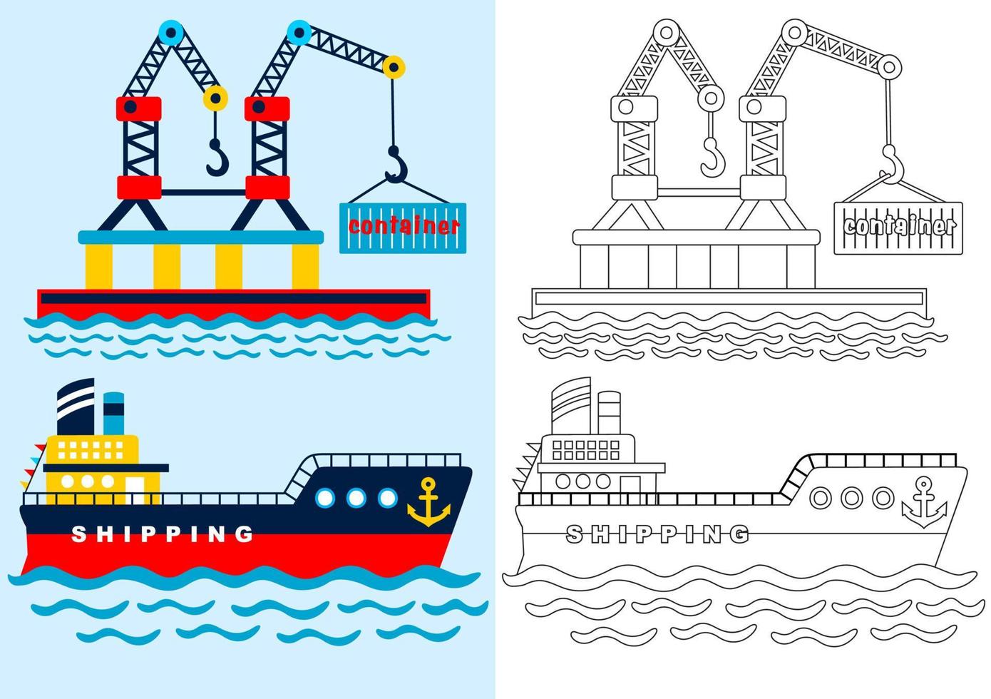 Cargo ship with crane, coloring page or book, vector cartoon illustration