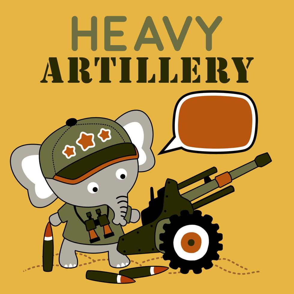 Cute elephant with heavy artillery, vector cartoon illustration