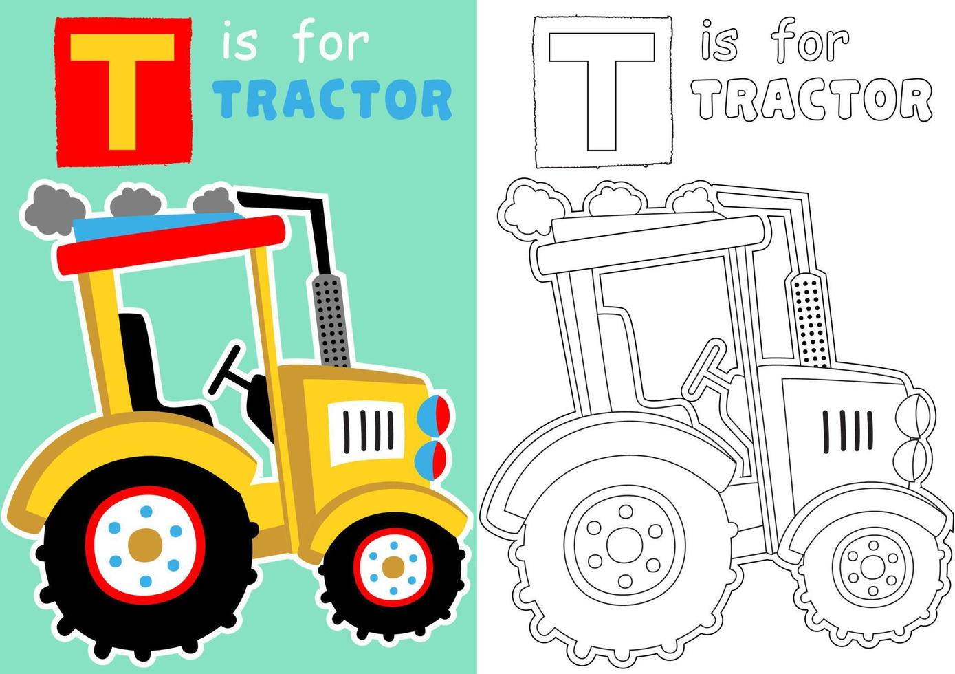 vector cartoon of tractor, coloring page or book