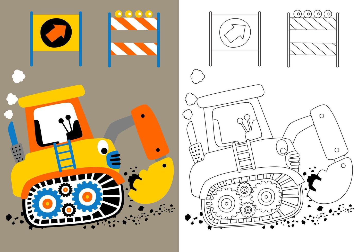 vector cartoon of funny digger with construction signs, coloring book or page