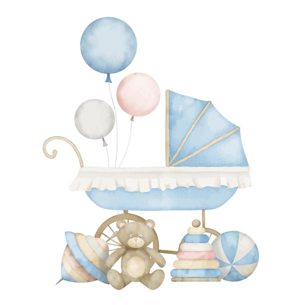 recién nacido bebé chico composición con cochecito y niño juguetes en pastel azul y beige colores. acuarela ilustración para niño cumpleaños fiesta en aislado antecedentes. dibujo con calesa y globos vector