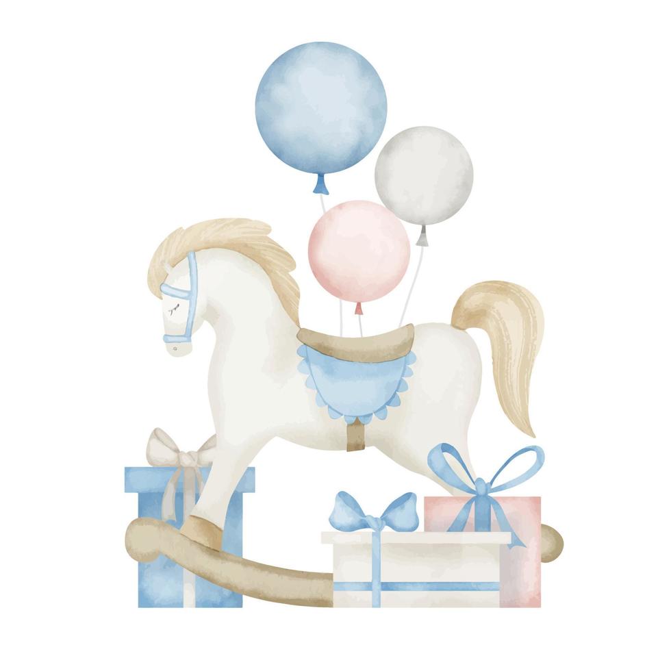 Rocking Horse baby Toy. Hand drawn watercolor illustration of Riding pony with balloons and presents for little boy. Funny animal for kid game in vintage style. Retro drawing on isolated background vector