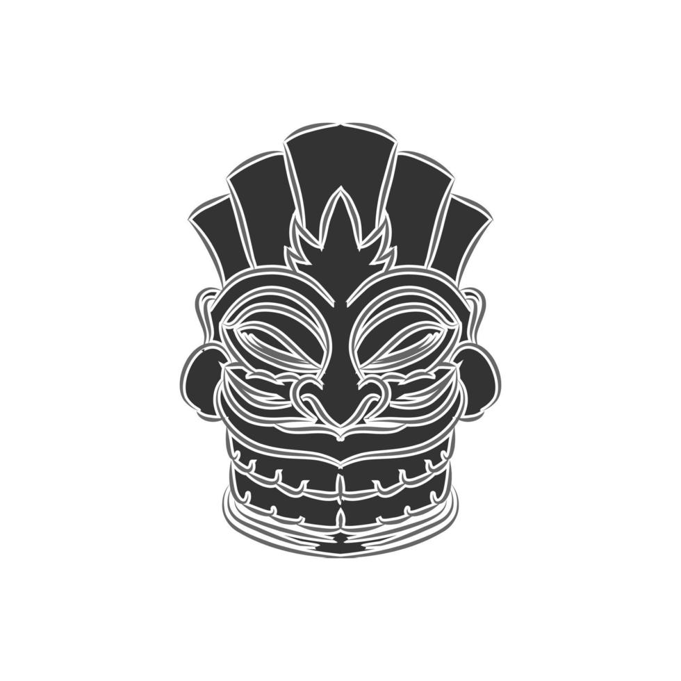 Tiki traditional hawaiian tribal mask with human face with outline. Wooden totem symbol, god from ancient culture of Hawaii. Hand drawn in cartoon style, isolated on white background. EPS10 vector. vector
