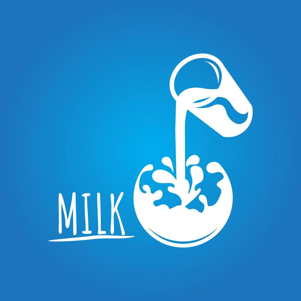 Milk flows from glass. Spray drops and white wave on blue background. Advertising label sticker template vector
