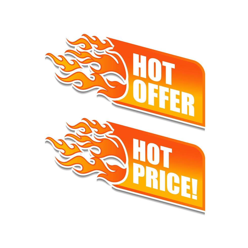 hot price and price on fire banners - text in yellow and red drawn labels with flames signs, business shopping concept, vector