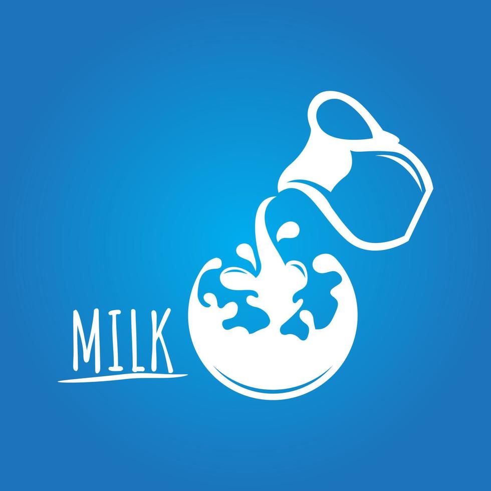 Milk flows from jug. Spray drops and white wave on blue background. Advertising label sticker template vector