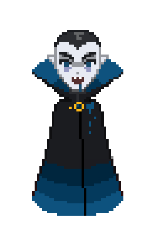 An 8 bit retro styled pixel art illustration of a blue vampire. png