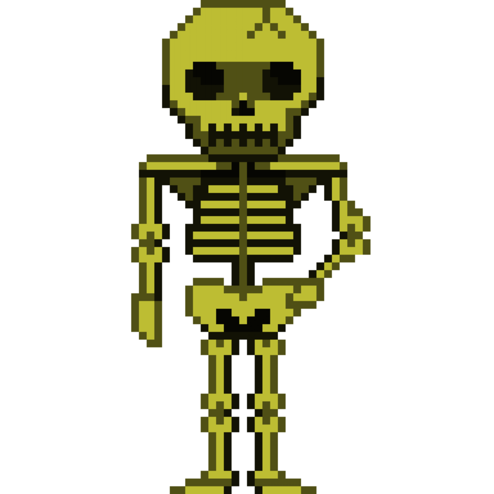 An 8 bit retro styled pixel art illustration of a golden skeleton. png