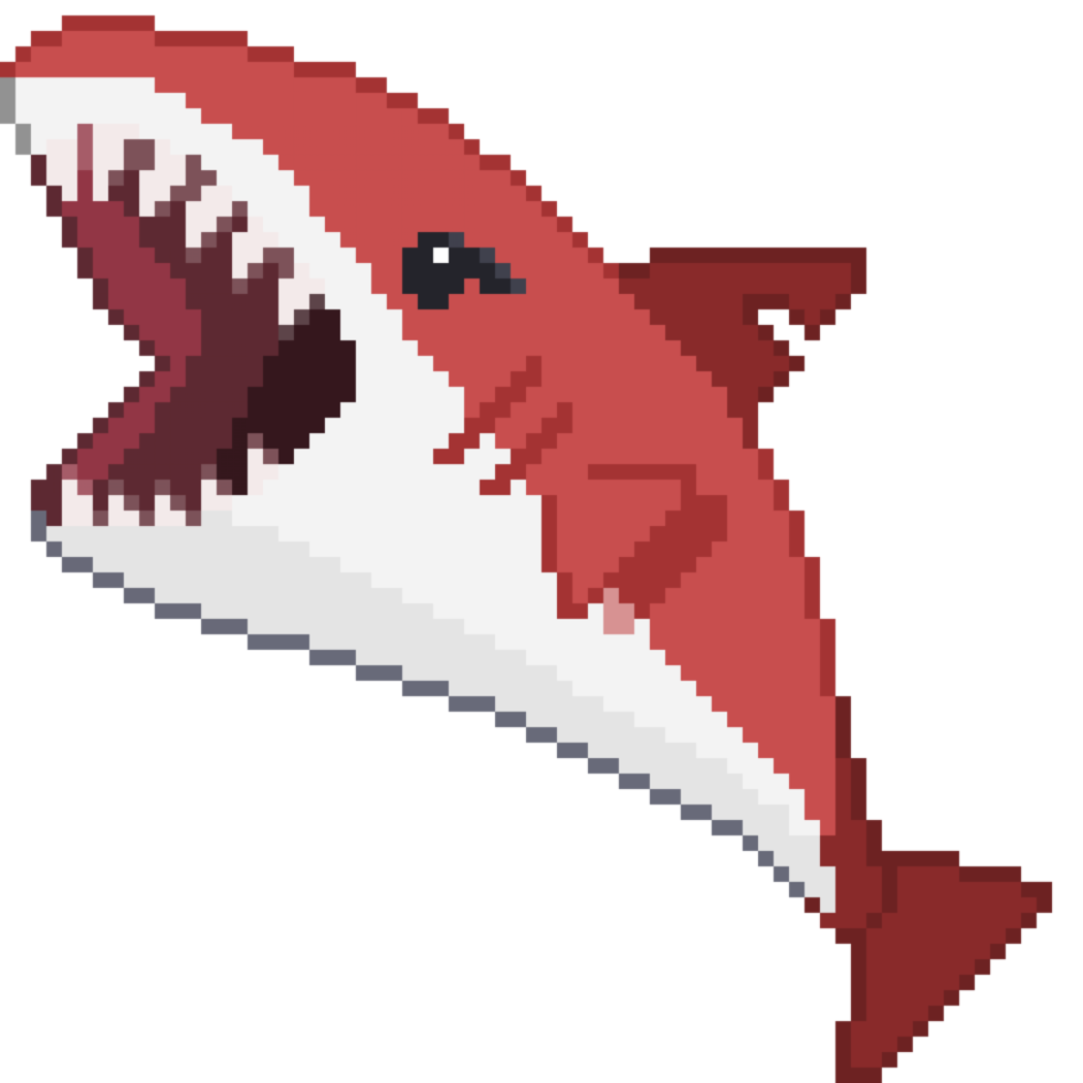 An 8 bit retro styled pixel art illustration of a red and white shark. png