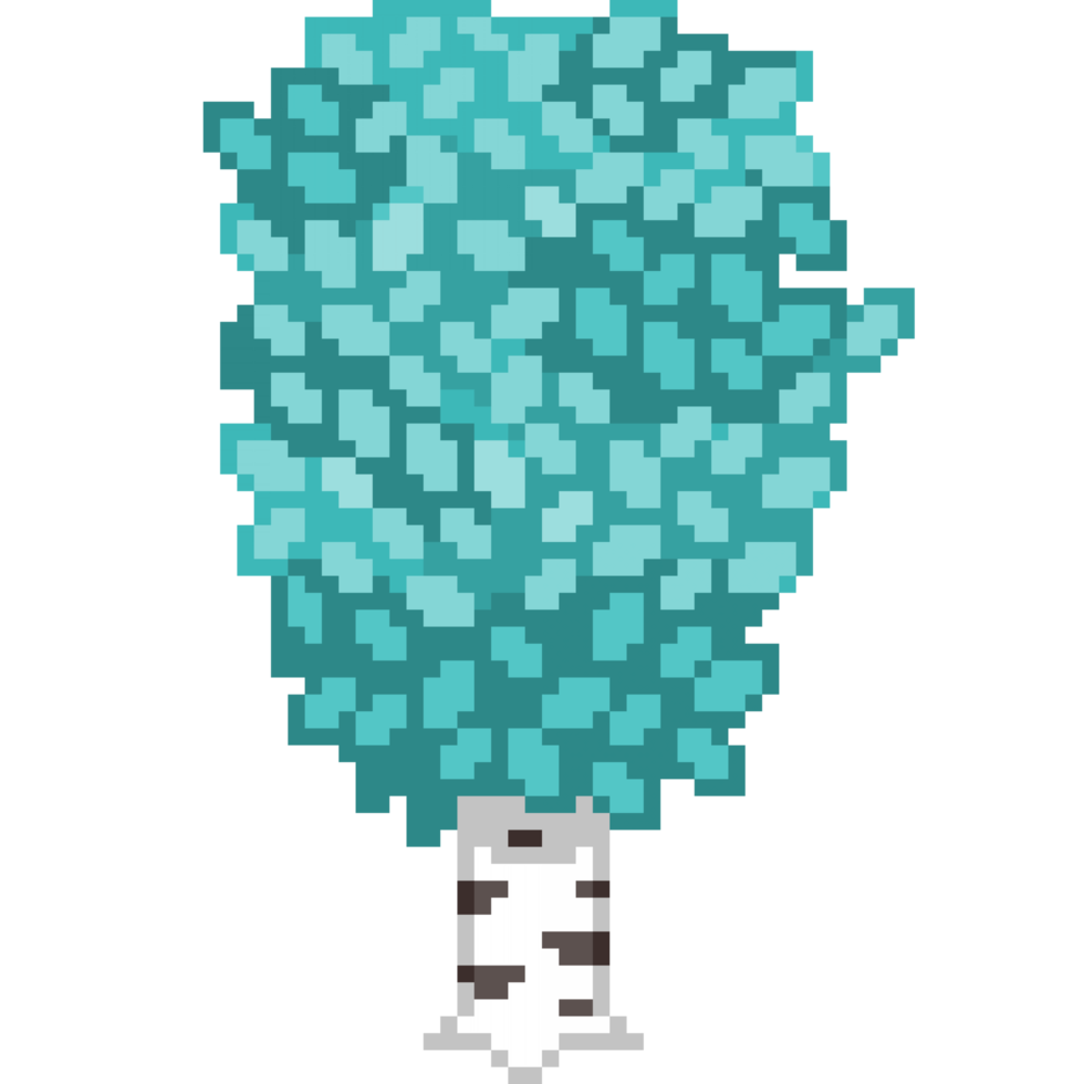 An 8 bit retro styled pixel art illustration of a blue birch tree with a white and black trunk. png
