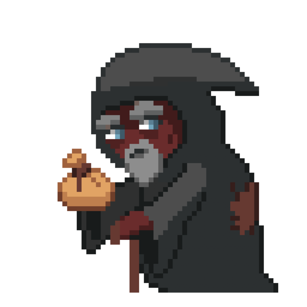 An 8 bit retro styled pixel art illustration of an African American merchant wearing a black cloak. png