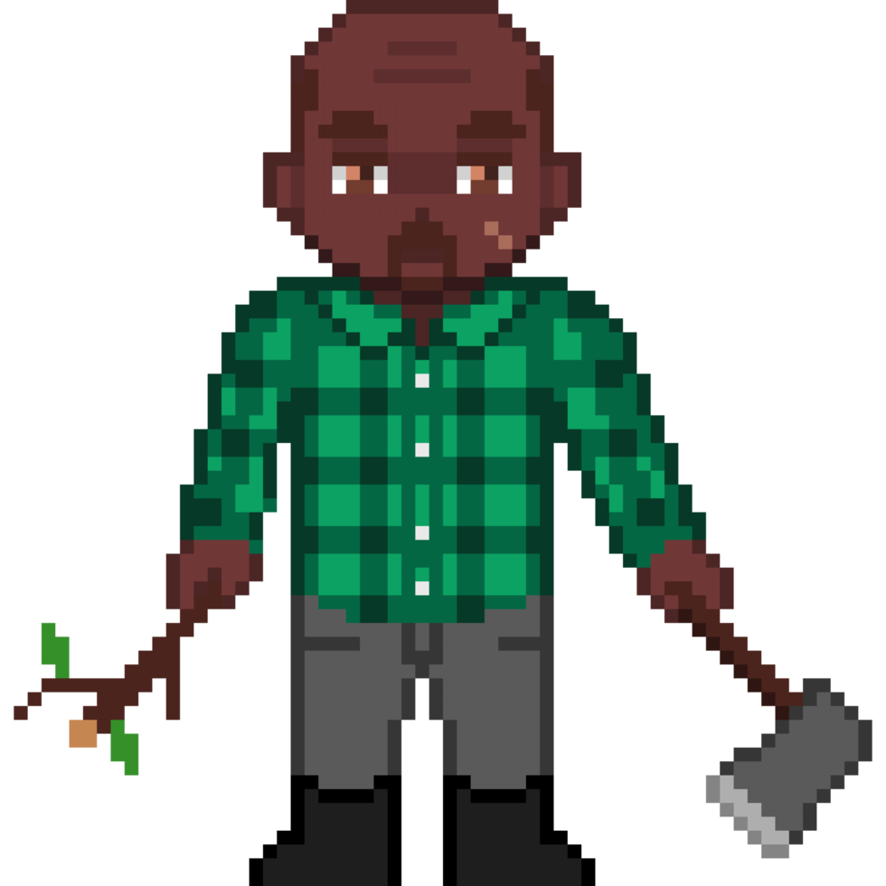 ein 8 bisschen retro gestylt Pixel Kunst Illustration von ein afrikanisch amerikanisch Holzfäller tragen ein Grün Flanell und halten ein Eisen Axt. png