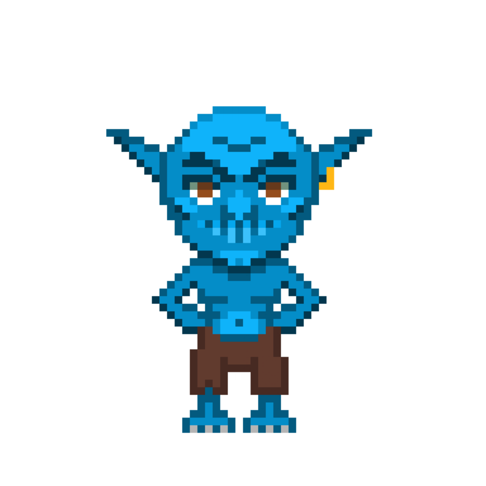 ein 8 bisschen retro gestylt Pixel Kunst Illustration von ein Blau Kobold mit ein golden Ohrring und braun Hose. png