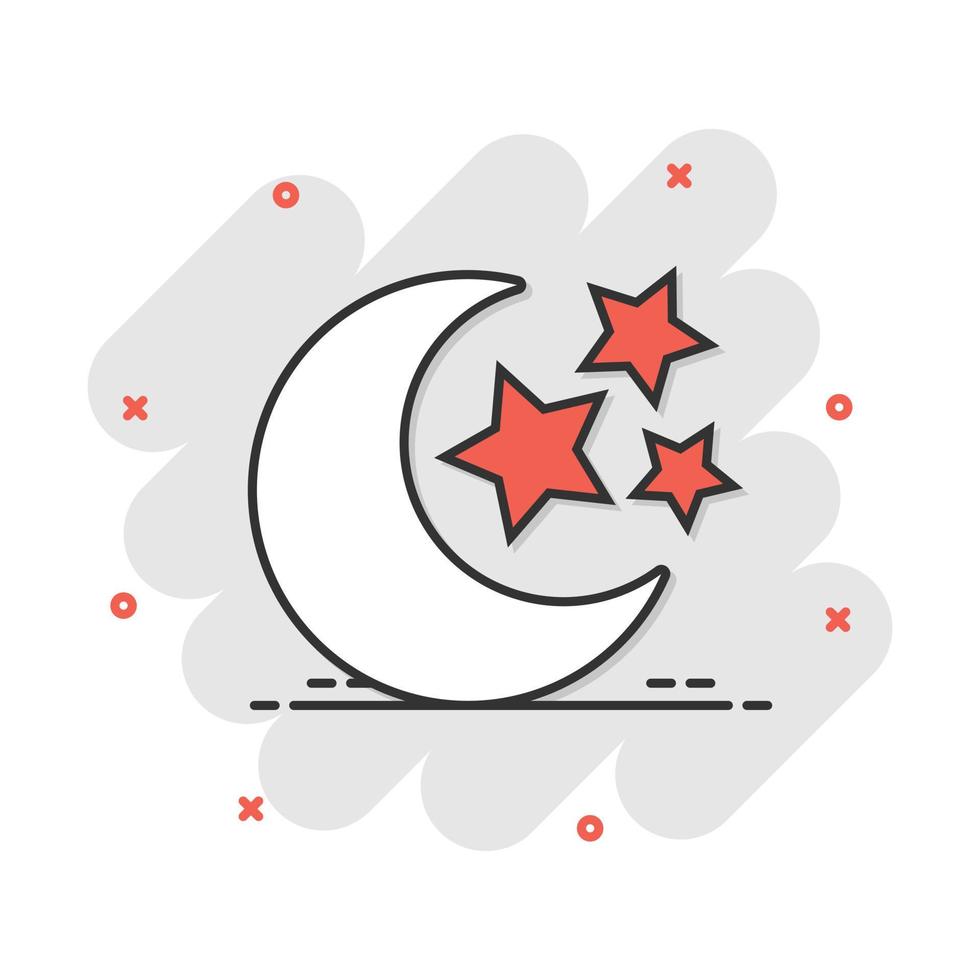 icono de luna y estrellas nocturnas de dibujos animados vectoriales en estilo cómico. pictograma de ilustración del concepto de noche lunar. concepto de efecto de salpicadura de negocio lunar. vector