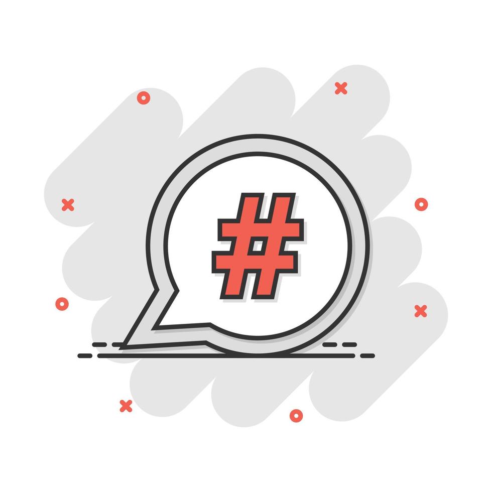 icono de hashtag de dibujos animados vectoriales en estilo cómico. Pictograma de ilustración del concepto de marketing en redes sociales. concepto de efecto de salpicadura de negocio de red hashtag. vector