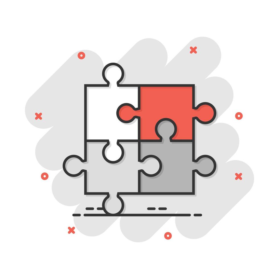 Puzzle compatible icon in comic style. Jigsaw agreement vector cartoon illustration on white isolated background. Cooperation solution business concept splash effect.
