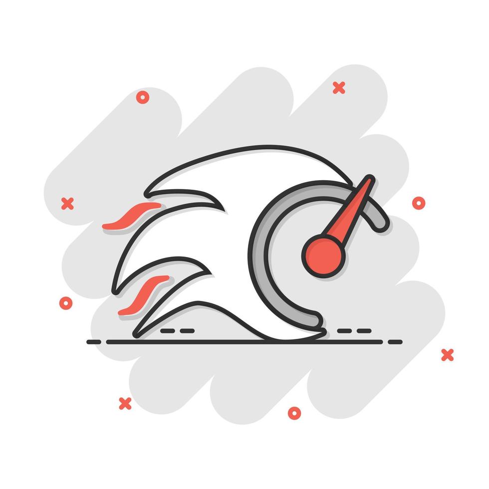 Flaming speedometer sign icon in comic style. Accelerate vector cartoon illustration on white isolated background. Motion tachometer business concept splash effect.