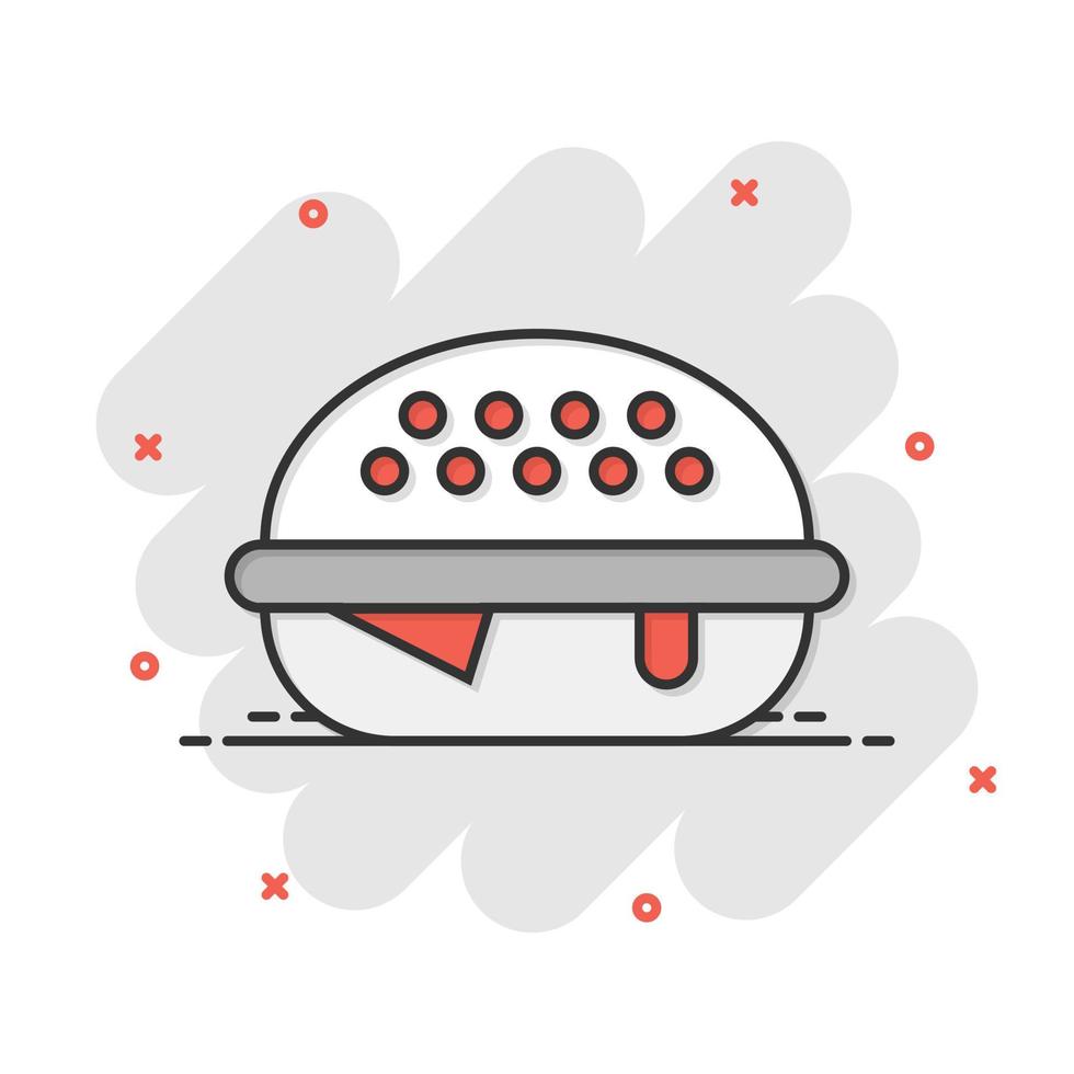 icono de signo de hamburguesa en estilo cómico. ilustración de dibujos animados de vector de hamburguesa sobre fondo blanco aislado. efecto de salpicadura de concepto de negocio de hamburguesa con queso.