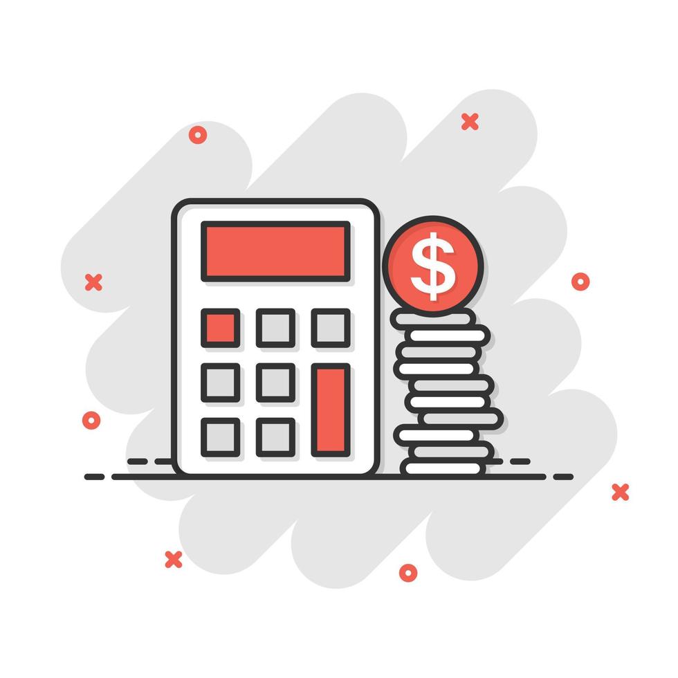 Money calculation icon in comic style. Budget banking vector cartoon illustration on white isolated background. Financial payment splash effect business concept.