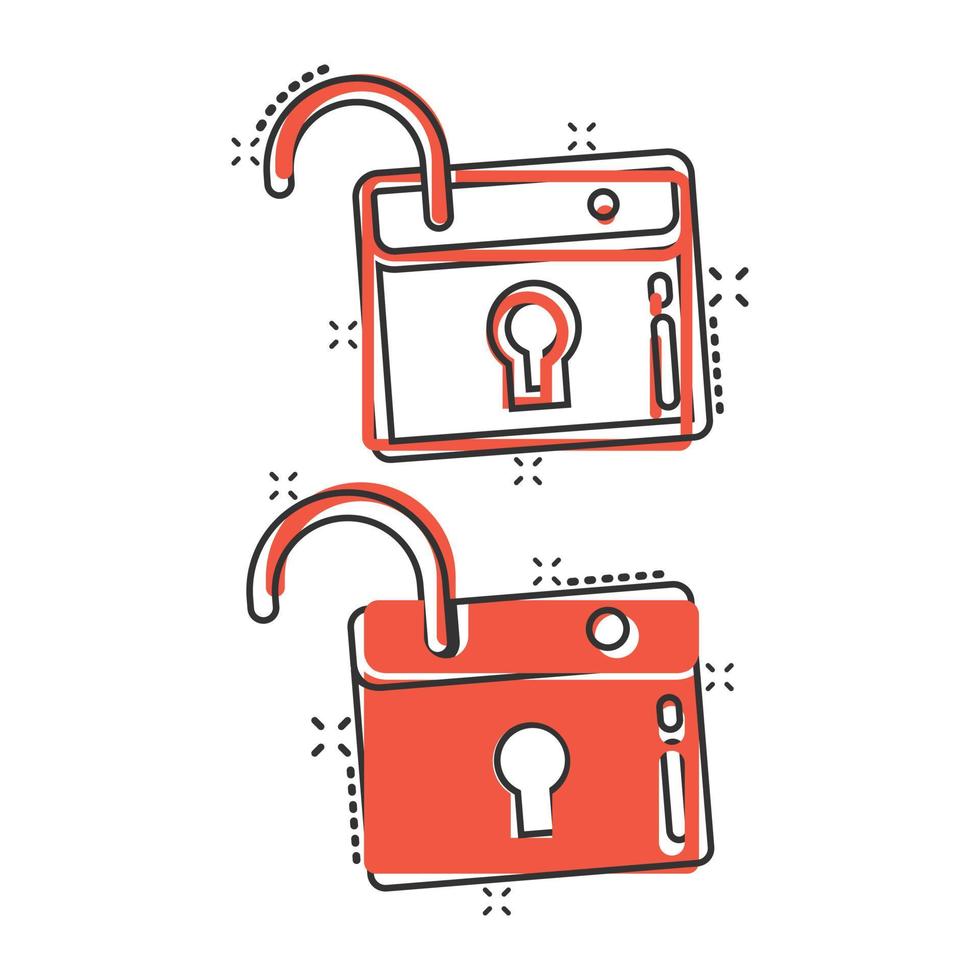 Locker icon in comic style. Padlock password cartoon vector illustration on white isolated background. Key unlock splash effect business concept.