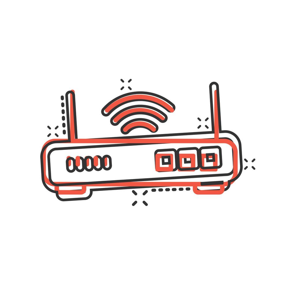 Wifi router icon in comic style. Broadband cartoon vector illustration on white isolated background. Internet connection splash effect business concept.