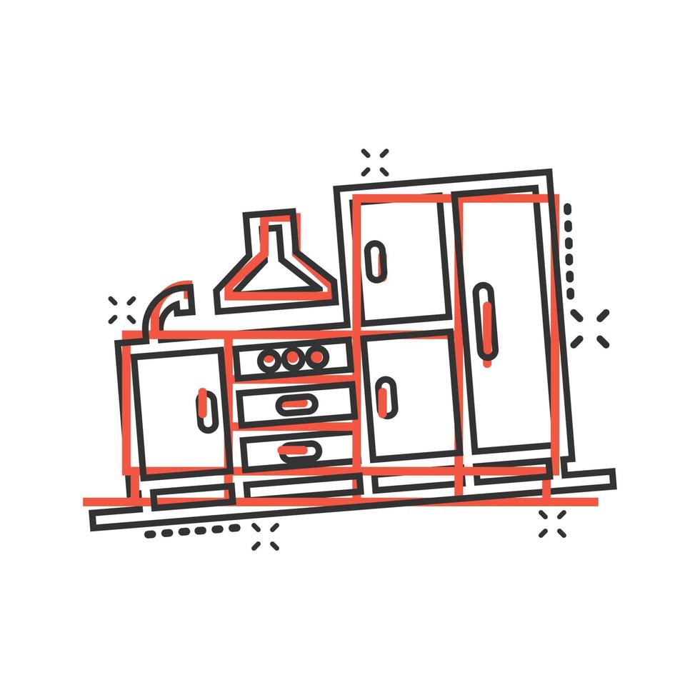 Kitchen furniture icon in comic style. Cuisine cartoon vector illustration on white isolated background. Cooking room splash effect business concept.
