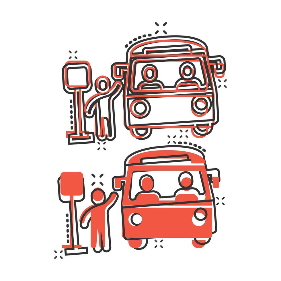 icono de la estación de autobuses en estilo cómico. ilustración de vector de dibujos animados de parada automática sobre fondo blanco aislado. concepto de negocio de efecto de salpicadura de vehículo autobus.