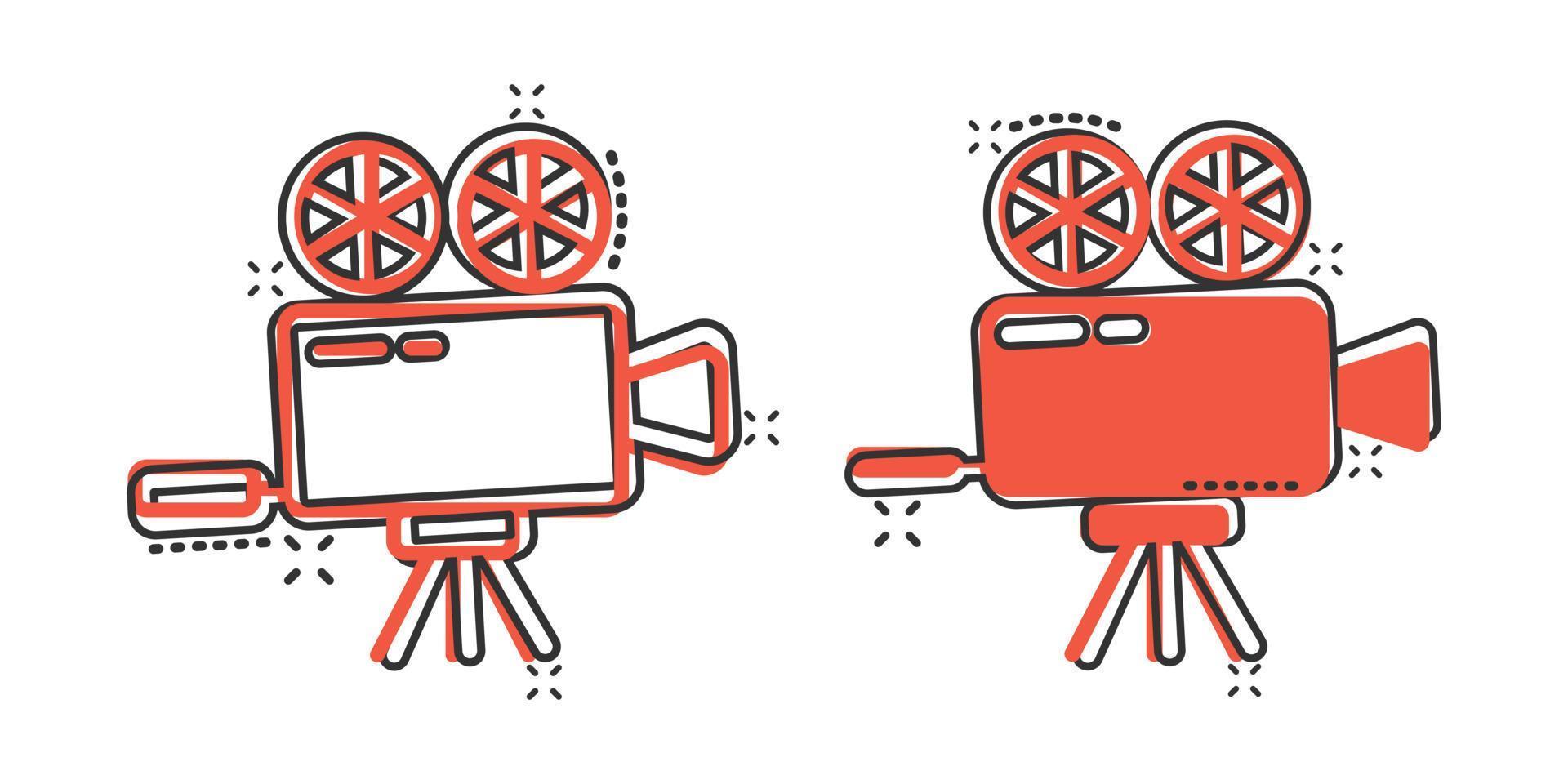 icono del proyector en estilo cómico. ilustración de vector de dibujos animados de cámara de cine sobre fondo blanco aislado. concepto de negocio de efecto de salpicadura de película.