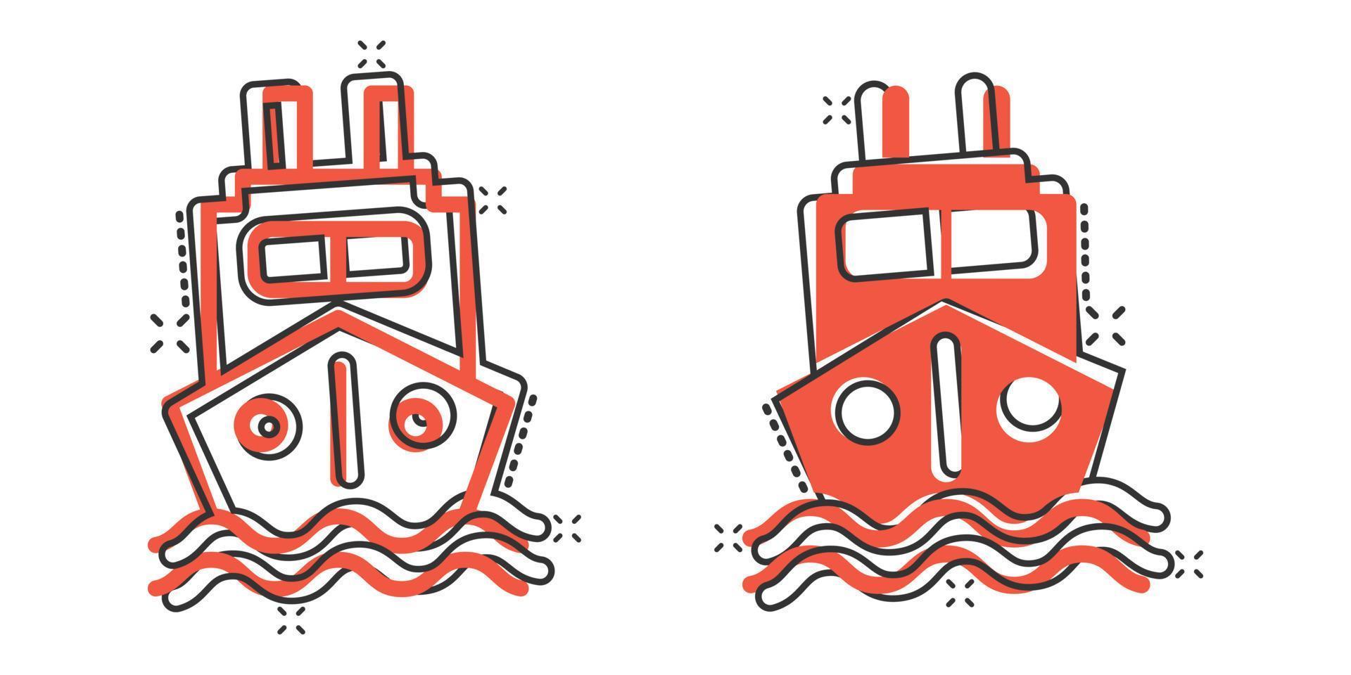 Tourism ship icon in comic style. Fishing boat cartoon vector illustration on white isolated background. Tanker destination splash effect business concept.