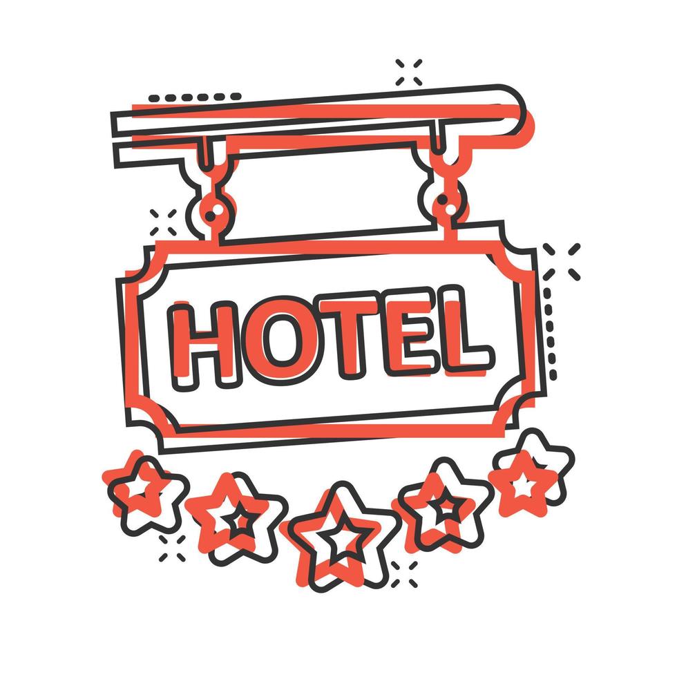 Hotel 5 stars sign icon in comic style. Inn cartoon vector illustration on white isolated background. Hostel room information splash effect business concept.