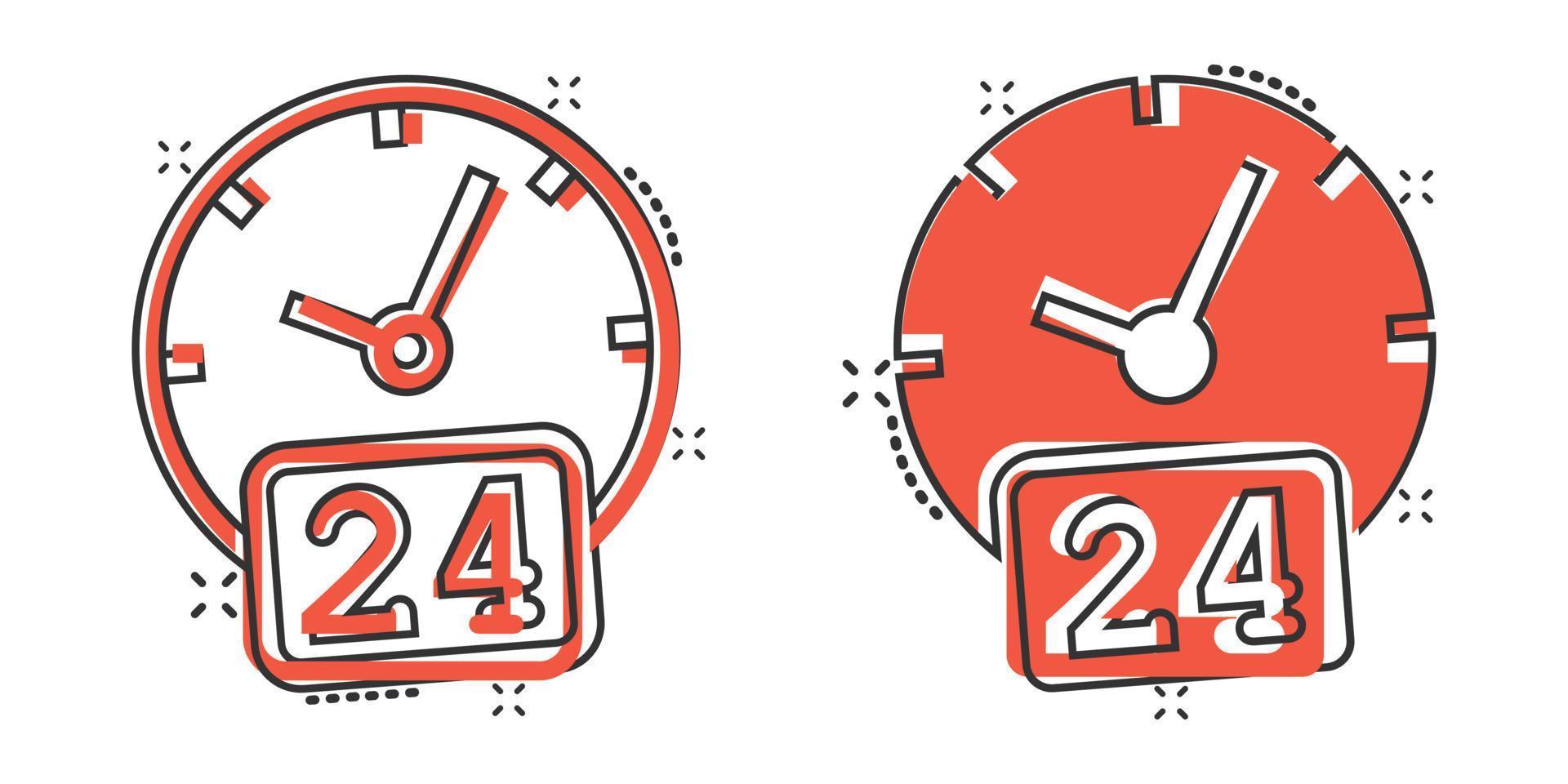 Clock 24 7 icon in comic style. Watch cartoon vector illustration on white isolated background. Timer splash effect business concept.