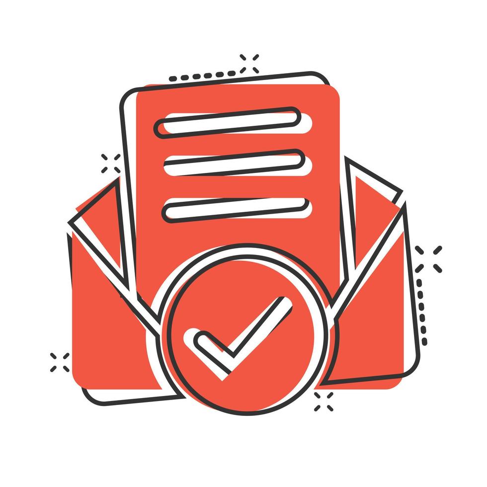 Envelope with confirmed document icon in comic style. Verify cartoon vector illustration on white isolated background. Receive splash effect business concept.