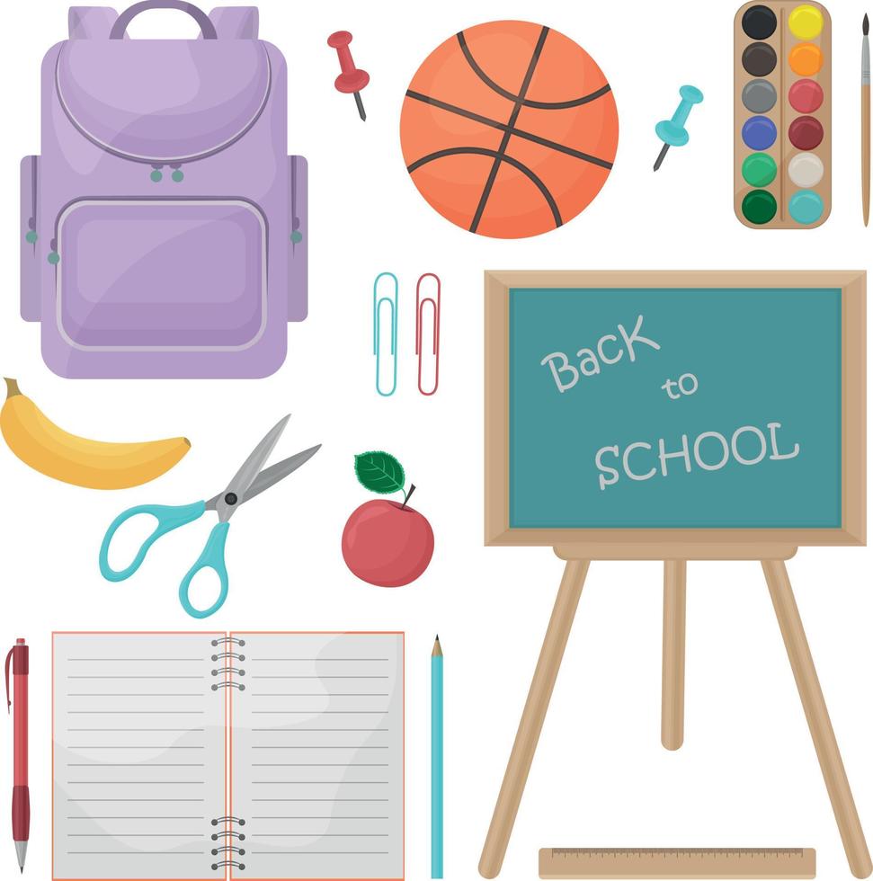 A large, bright school set consisting of school supplies, such as a backpack,a basketball,a brush, paints, a banana,an apple , scissors, as well as a blackboard, a pencil, a pen and a notepad. vector