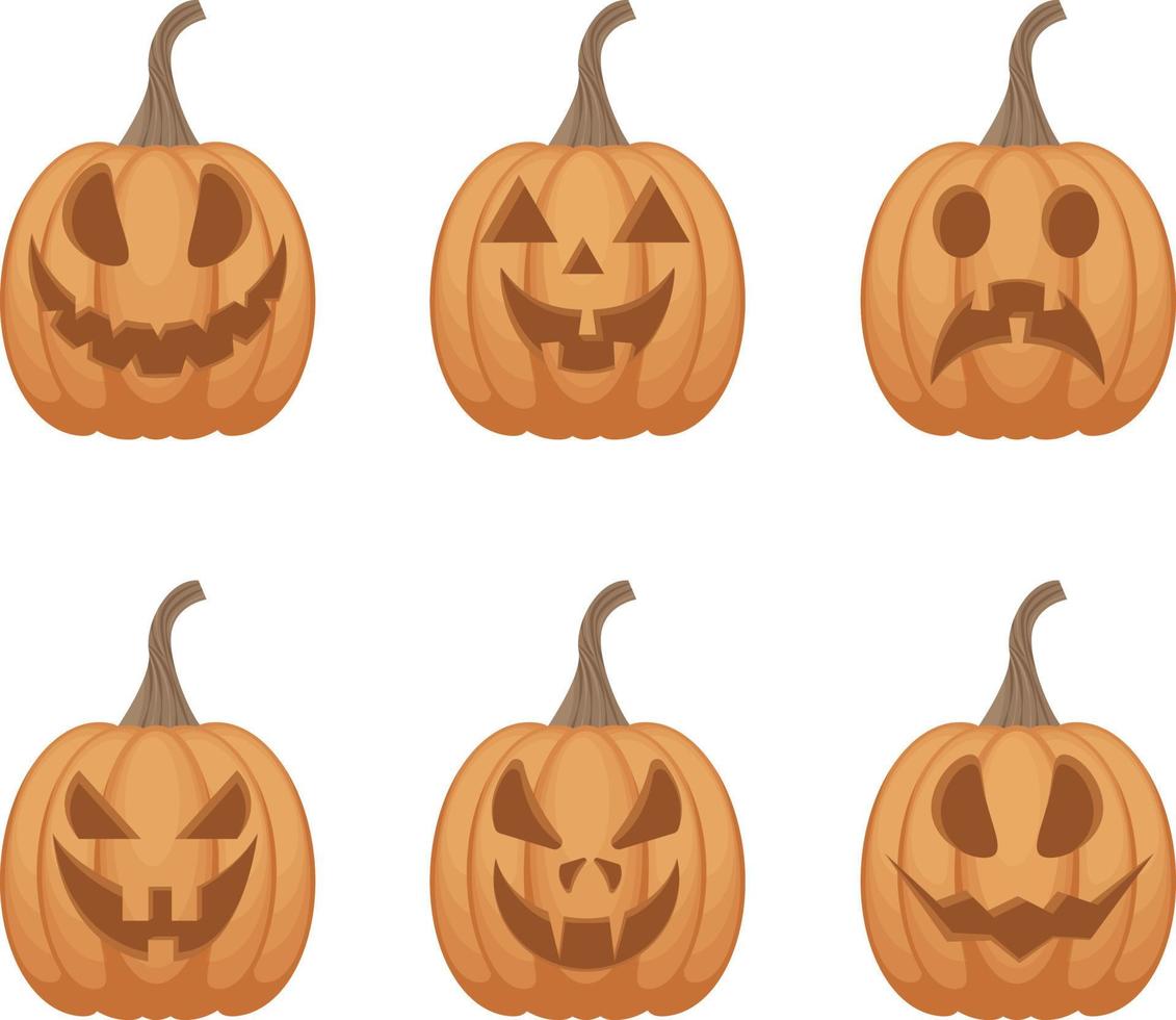 A bright festive set with the image of Jack-o-lanterns pumpkins. Pumpkins are the symbol of the Halloween holiday in orange color with various emotions. Orange is an attribute of All Saints Day vector
