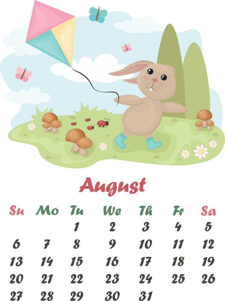 calendario agosto. Conejo con un cometa. linda verano ilustración con un dibujos animados Conejo corriendo con un cometa, en un campo con hongos y bayas. vector ilustración