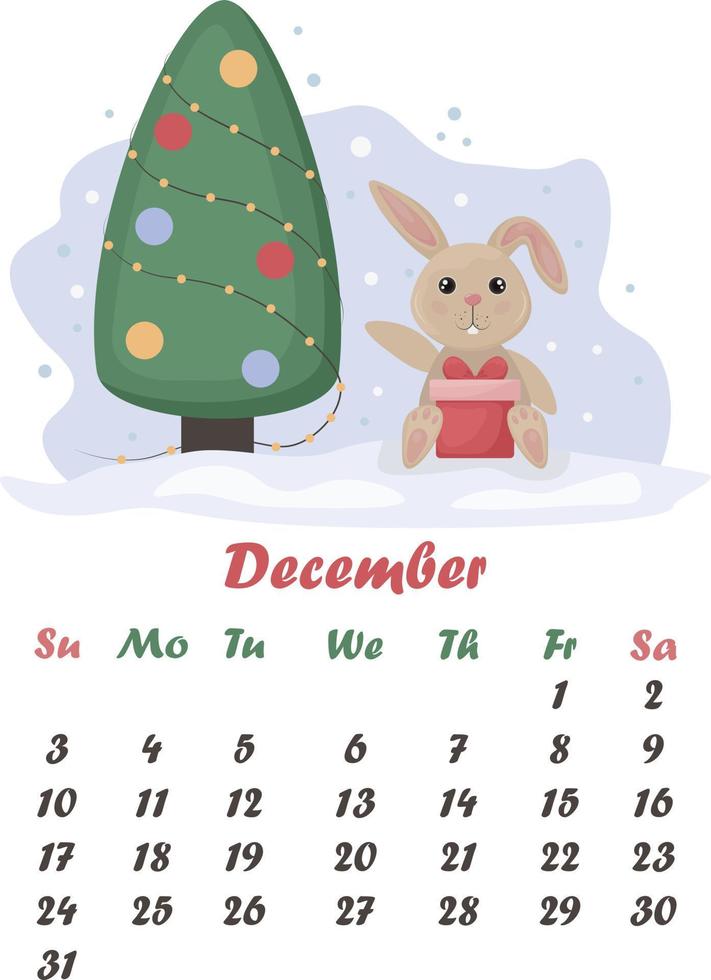 Calendar December. A calendar with the image of a cute rabbit sitting near a Christmas tree with a box of gifts. Christmas illustration. Vector