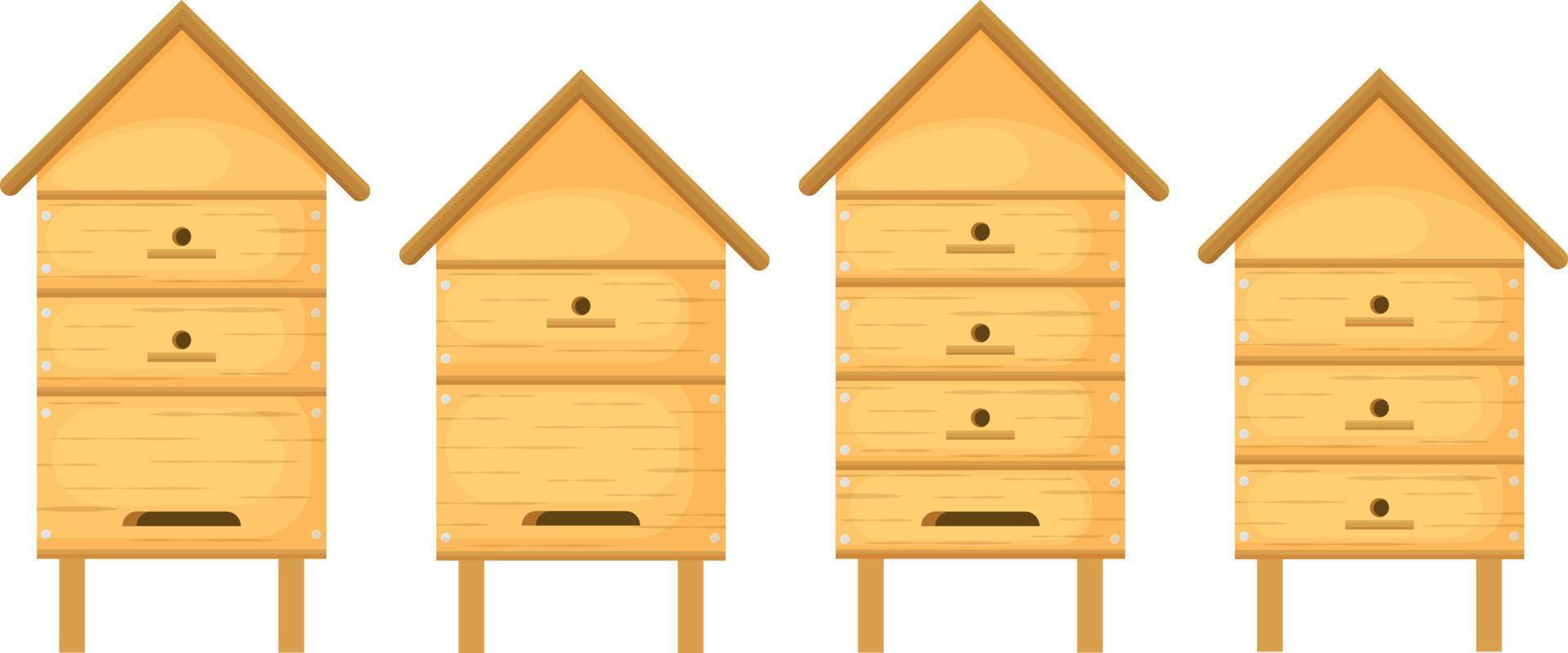 A beehive. A set of wooden beehives for honey bees. Bee houses made of wood in the form of houses. Vector illustration