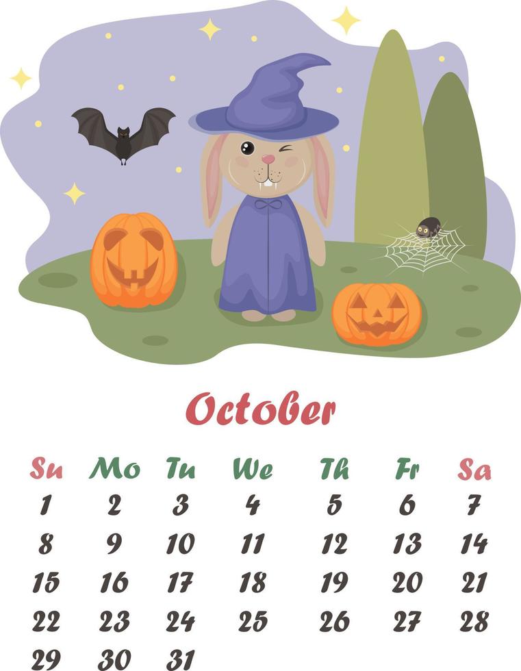 Calendar October. Cute bunny in a hat and a witch s cloak. The hare stands next to pumpkins, spiders and a bat, against the background of the starry sky. Halloween. Vector illustration
