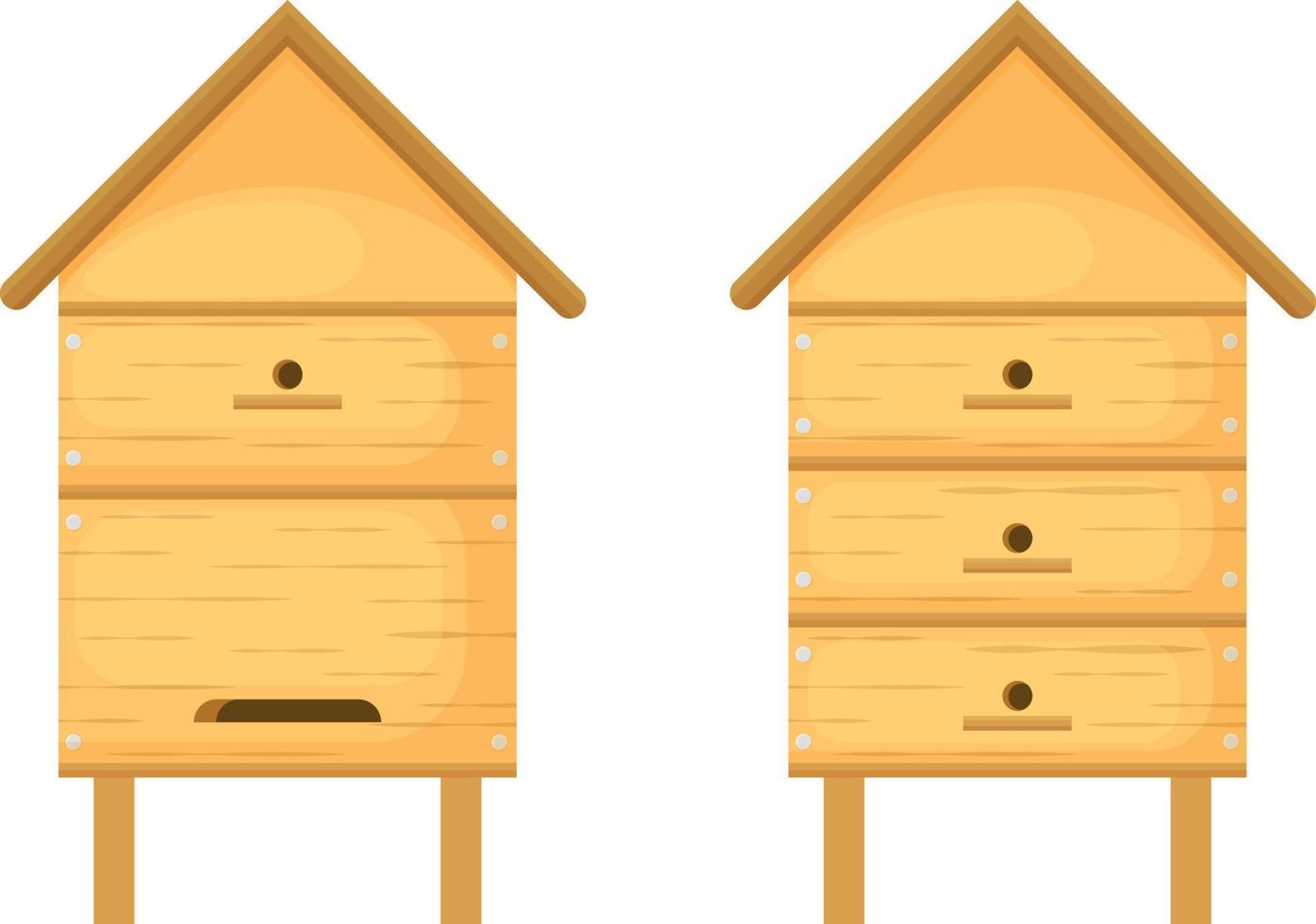 A beehive. A set of wooden beehives for honey bees. Bee houses made of wood in the form of houses. Vector illustration