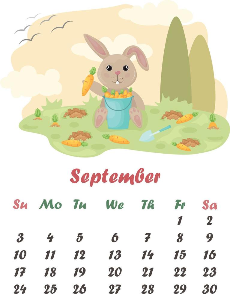 calendario septiembre. linda Conejo. un imagen de un dibujos animados Conejo con un Cubeta de zanahorias. Conejo recoge zanahorias en el jardín. otoño ilustración. vector