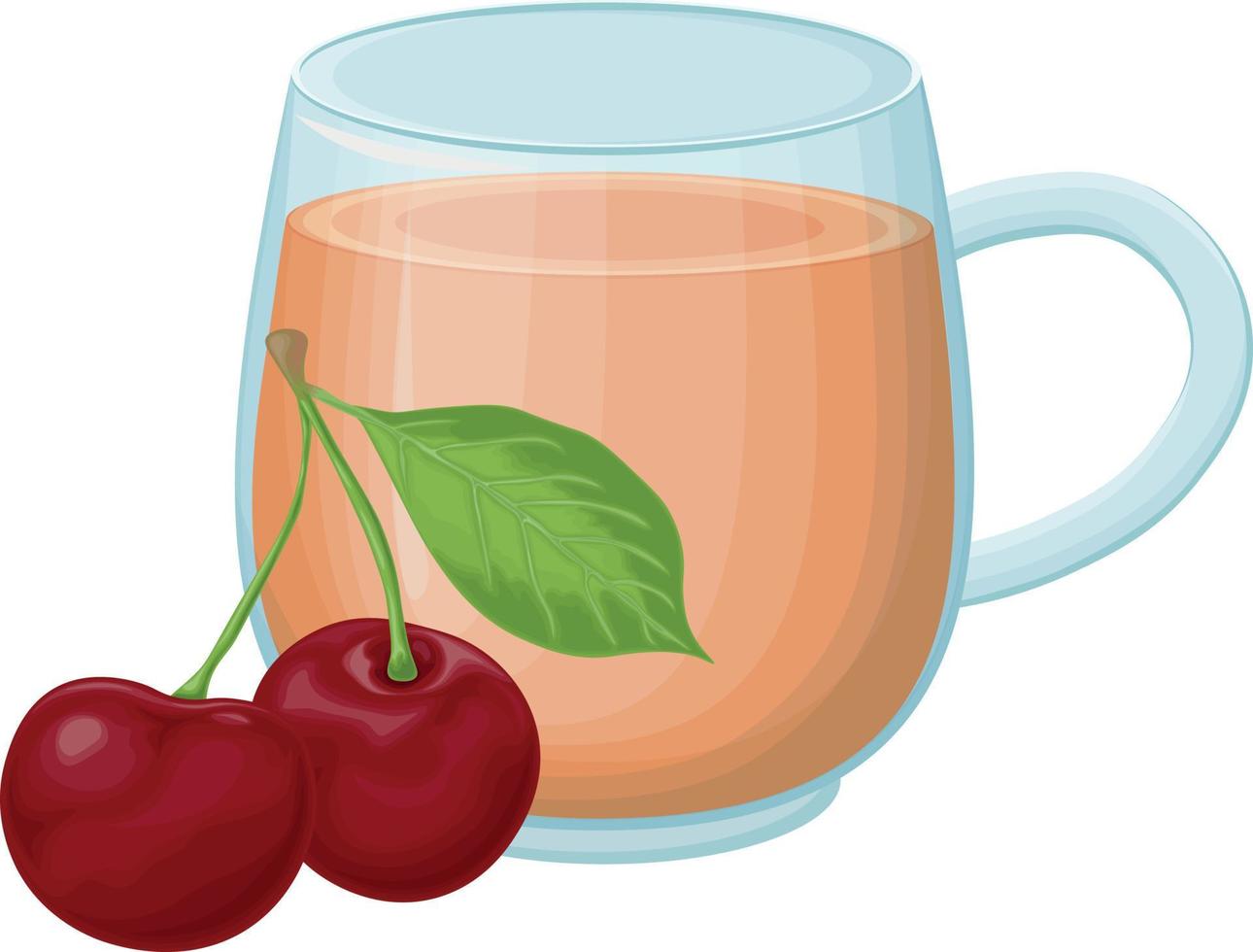 A cup of tea. A glass of cherry tea. A hot drink in a glass, with cherry berries lying next to it. Cherry compote. Vector illustration isolated on a white background