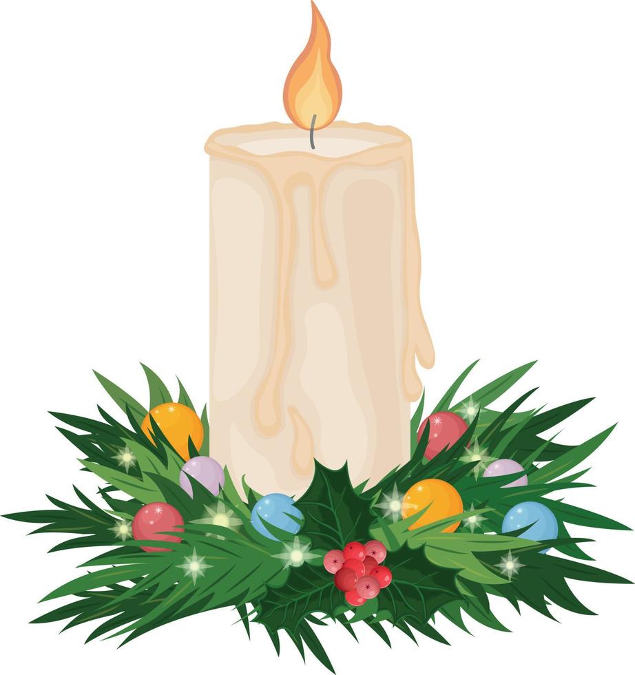 A Christmas candle. Vector illustration of a burning candle decorated with a Christmas wreath. A wax candle