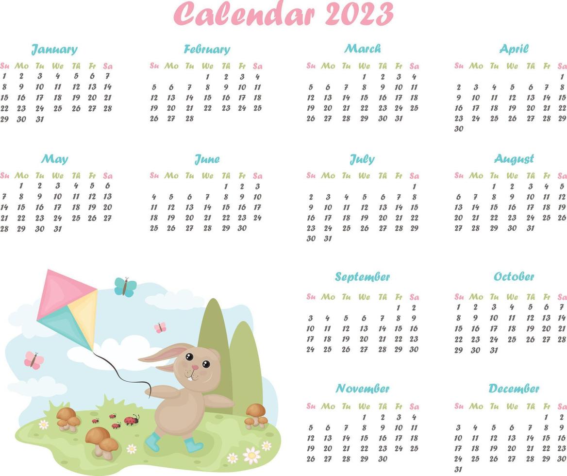 calendar year 2023. Calendar with the image of a cute rabbit. Wall calendar for the year. Vector illustration
