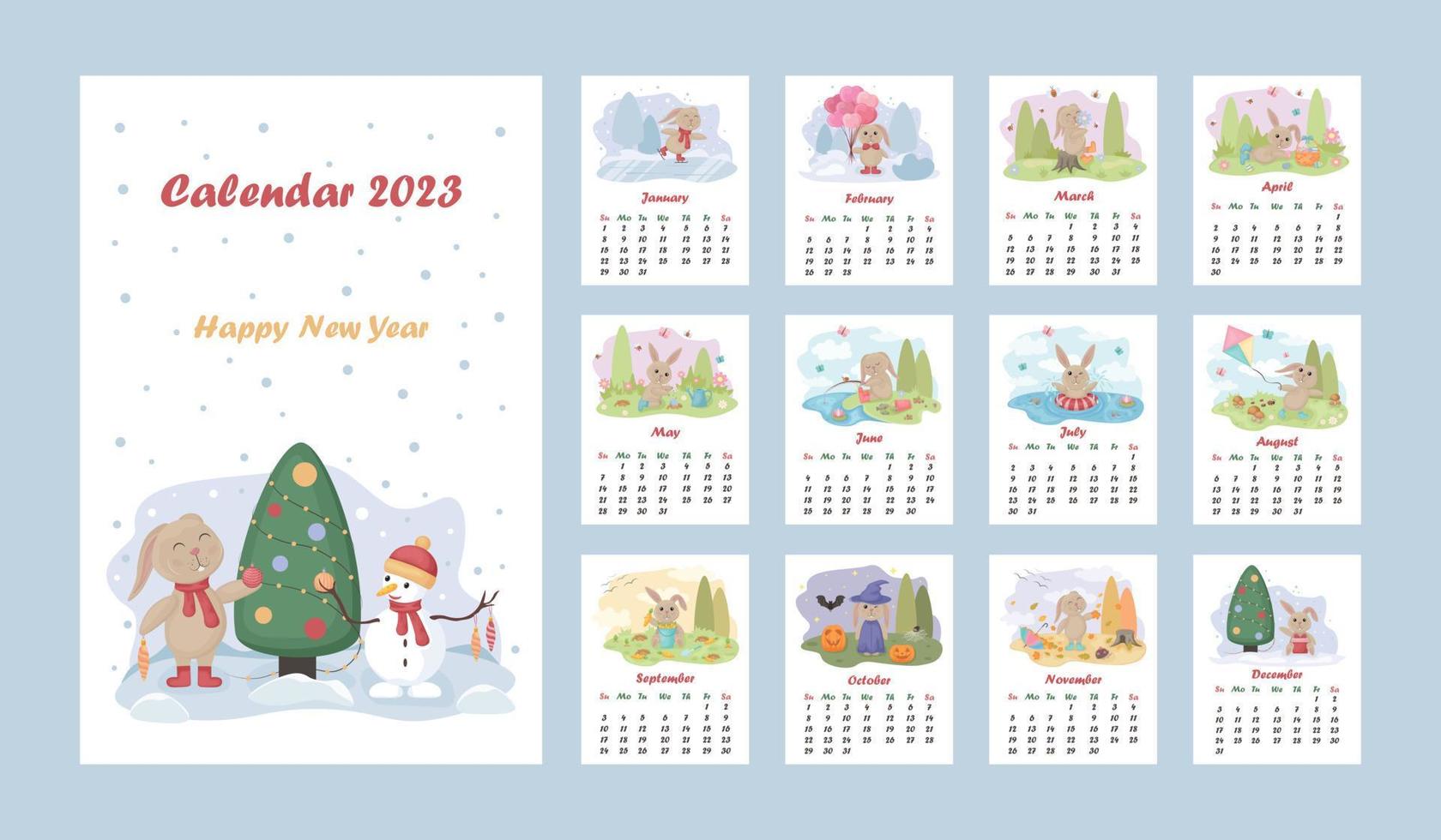 Calendar year 2023. Calendar with the image of a cute rabbit. Calendar for the year. Vector illustration