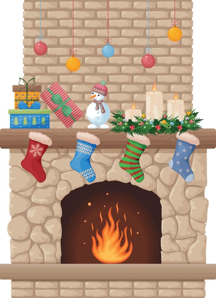 chimenea. Navidad hogar con un Navidad guirnalda y calcetines para regalos. hogar con fuego y festivo decoraciones vector ilustración