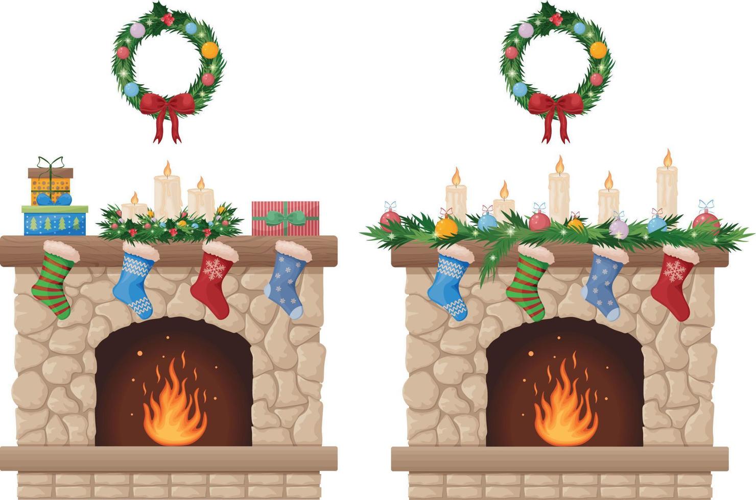 Fireplace. Christmas fireplace with a Christmas wreath and socks for gifts. Fireplace with fire and festive decorations. Vector illustration