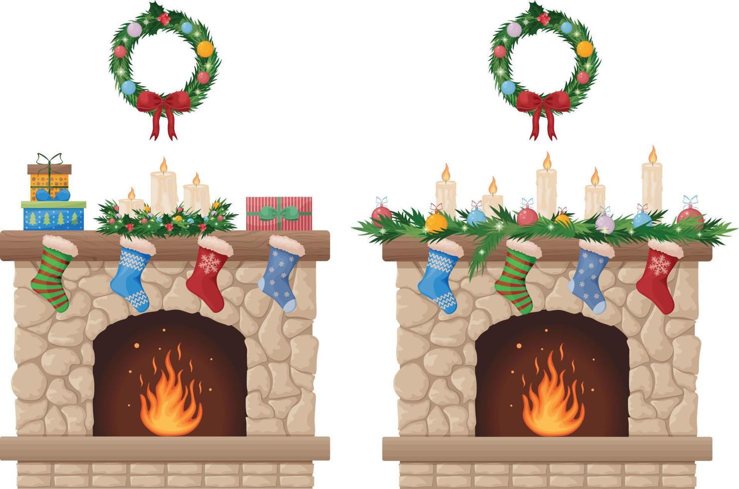 chimenea. Navidad hogar con un Navidad guirnalda y calcetines para regalos. hogar con fuego y festivo decoraciones vector ilustración