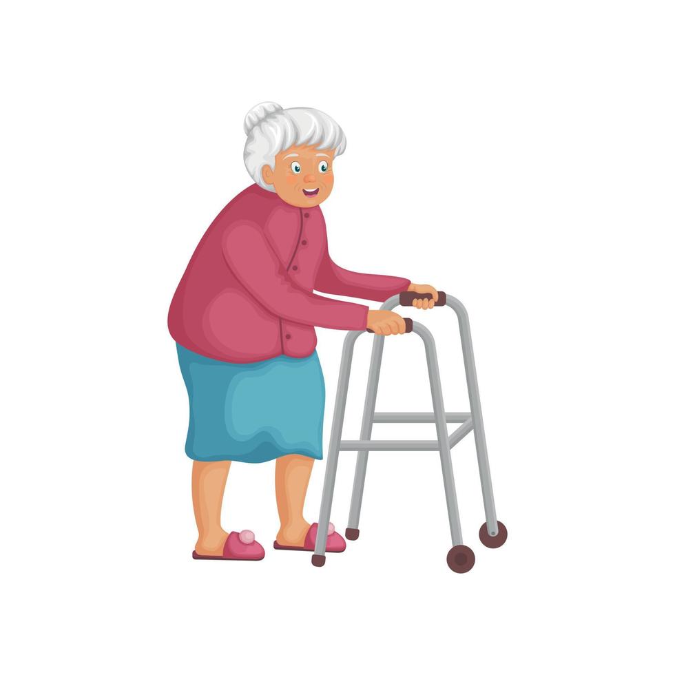 Grandma with a walker. A sweet grandmother is walking with a walker in her hands. Cheerful elderly woman in cartoon style. An old man. Vector illustration isolated on a white background