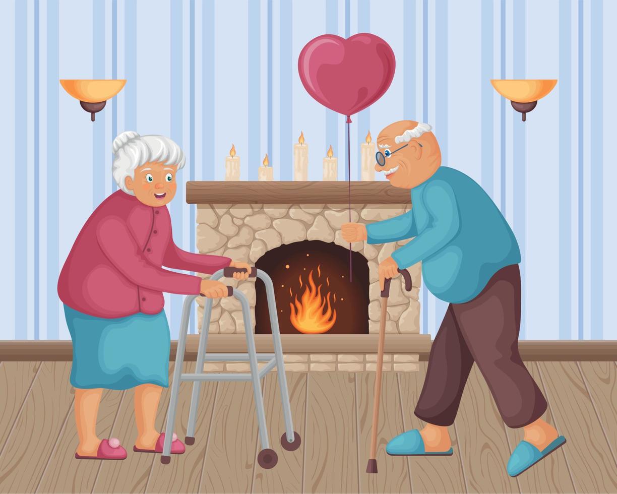 Elderly people in love. Cute illustration of a grandfather who gives his grandmother a heart-shaped balloon. An elderly man and a woman on Valentine s Day on the background of a fireplace vector