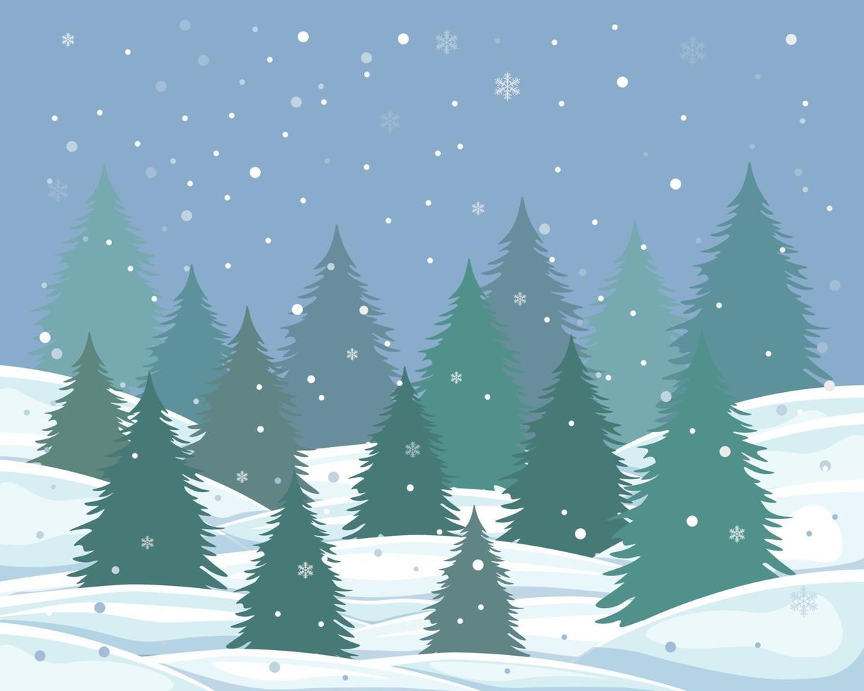 Winter landscape. Snow-covered winter forest. Christmas trees in the snow on the background of snowfall. Forest in the snow in cartoon style. Vector illustration